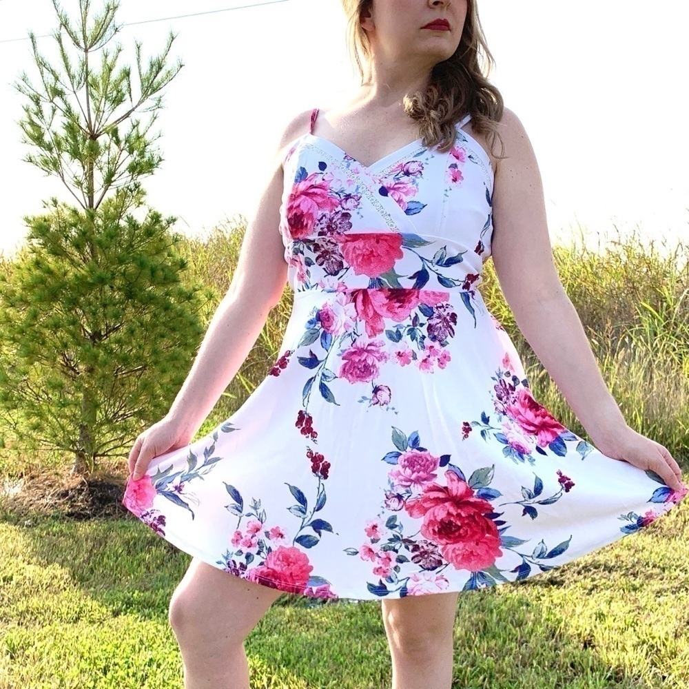 NWT Francesca’s White and Pink Floral Skater Dress